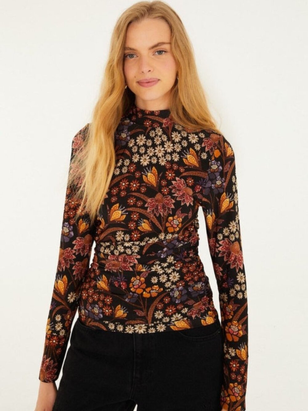 Farm Rio Black Lili Jersey Blouse Top Long Sleeves Women's Size S Multicolor